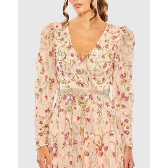 Mac Duggal 5415 Gold Pink Floral Sequined Beaded A-line Midi Dress 6 NEW - Picture 2 of 9